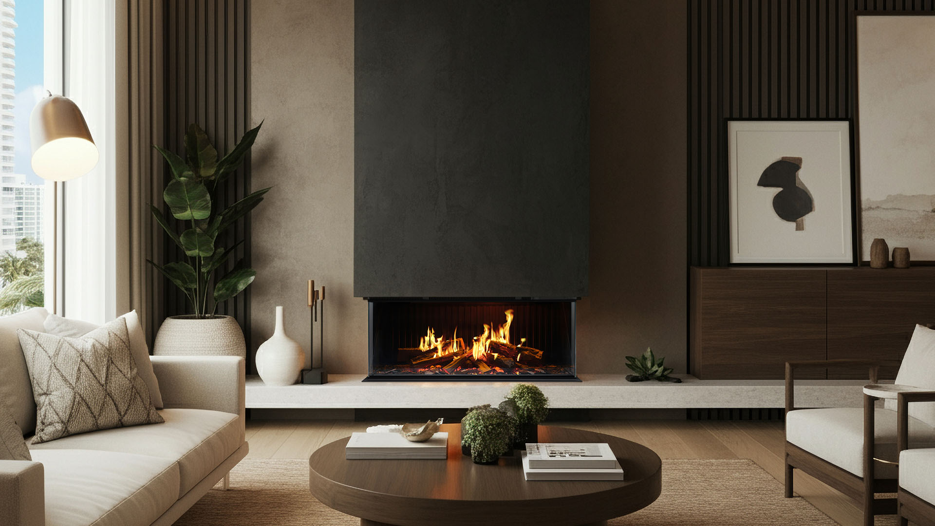 Rinnai EL 1000 Electric Fireplace (lifestyle – grey wall corner install)