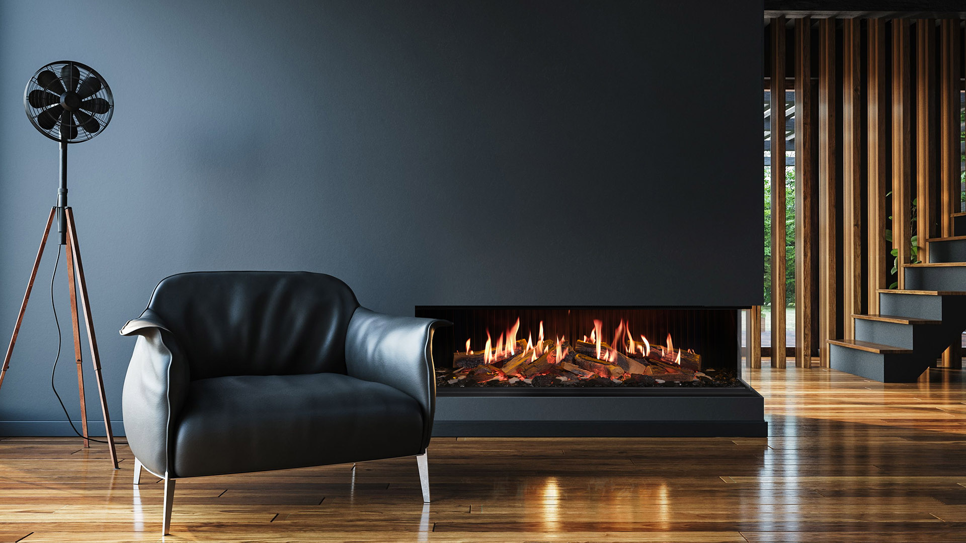 Rinnai EL 1500 Electric Fireplace (lifestyle – living room blue wall)