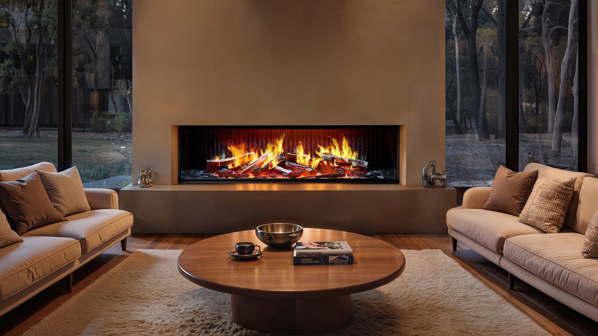 Rinnai EL 1500 Electric Fireplace (lifestyle – living room brown wall)