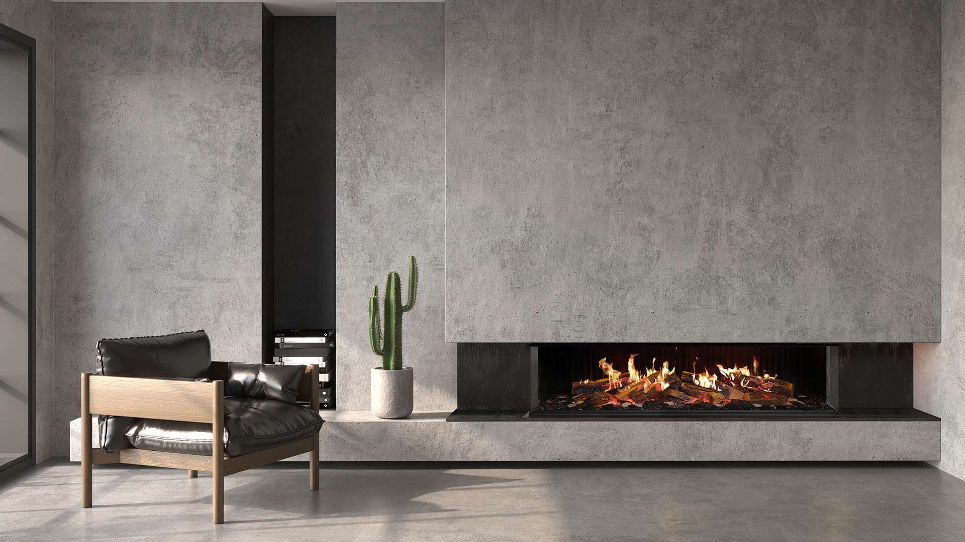 Rinnai EL 1500 Electric Fireplace (lifestyle – living room cement wall)