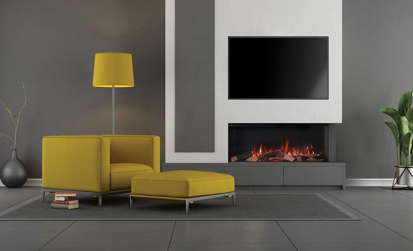 Rinnai ES 1000 Electric Fireplace (lifestyle - yellow couch)