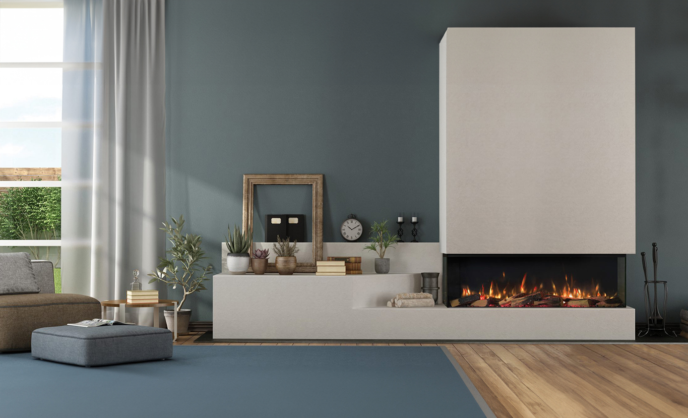 Rinnai ES 1300 Electric Fireplace (lifestyle - blue wall)