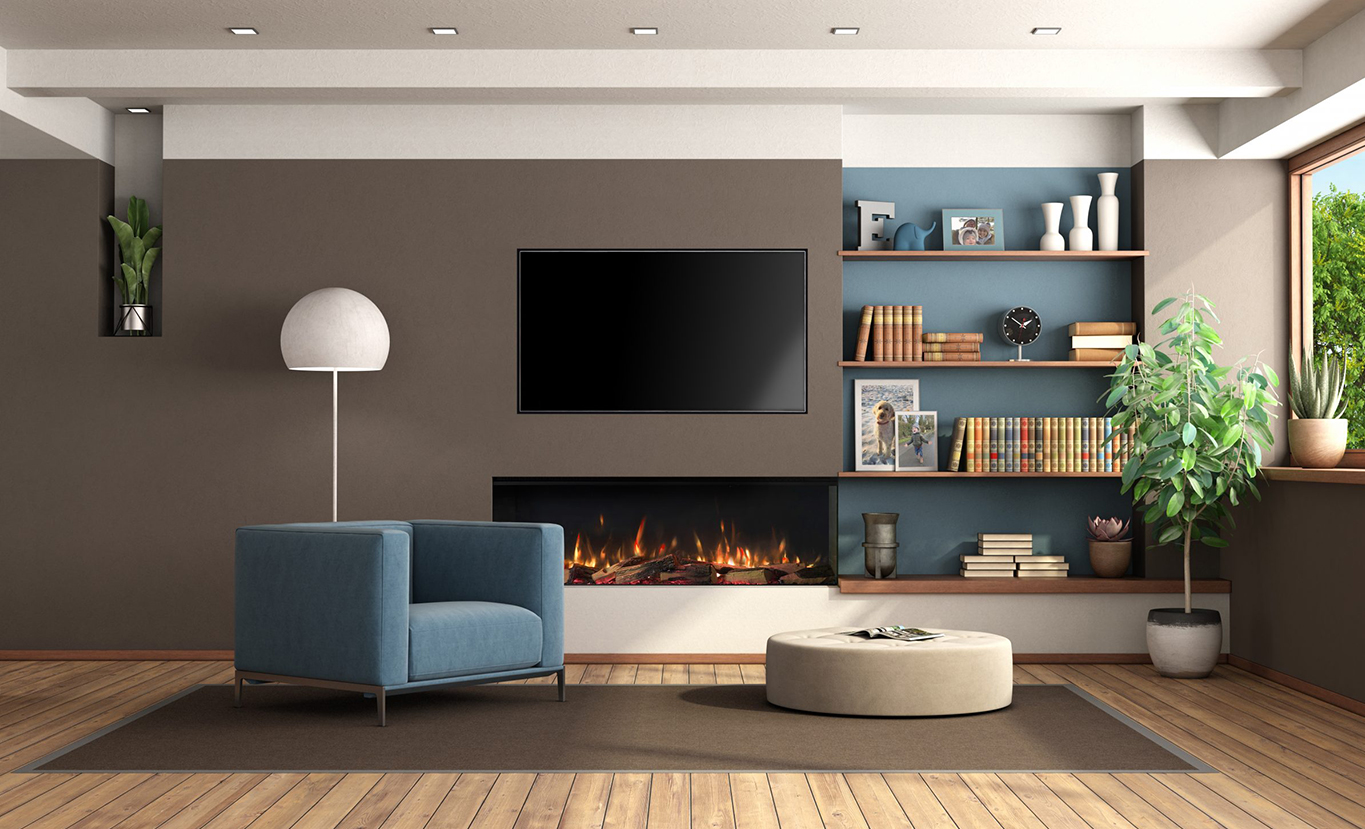 Rinnai ES 1300 Electric Fireplace (lifestyle - brown wall)
