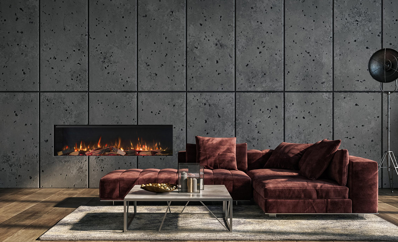 Rinnai ES 1800 Electric Fireplace (lifestyle - inset cement walls)