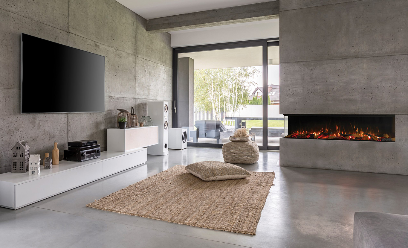 Rinnai ES 1800 Electric Fireplace (lifestyle - cement wall corner install)
