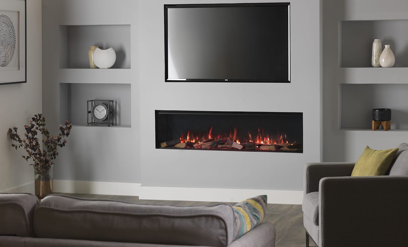 Rinnai ES 1800 Electric Fireplace (lifestyle - inset grey wall tv)
