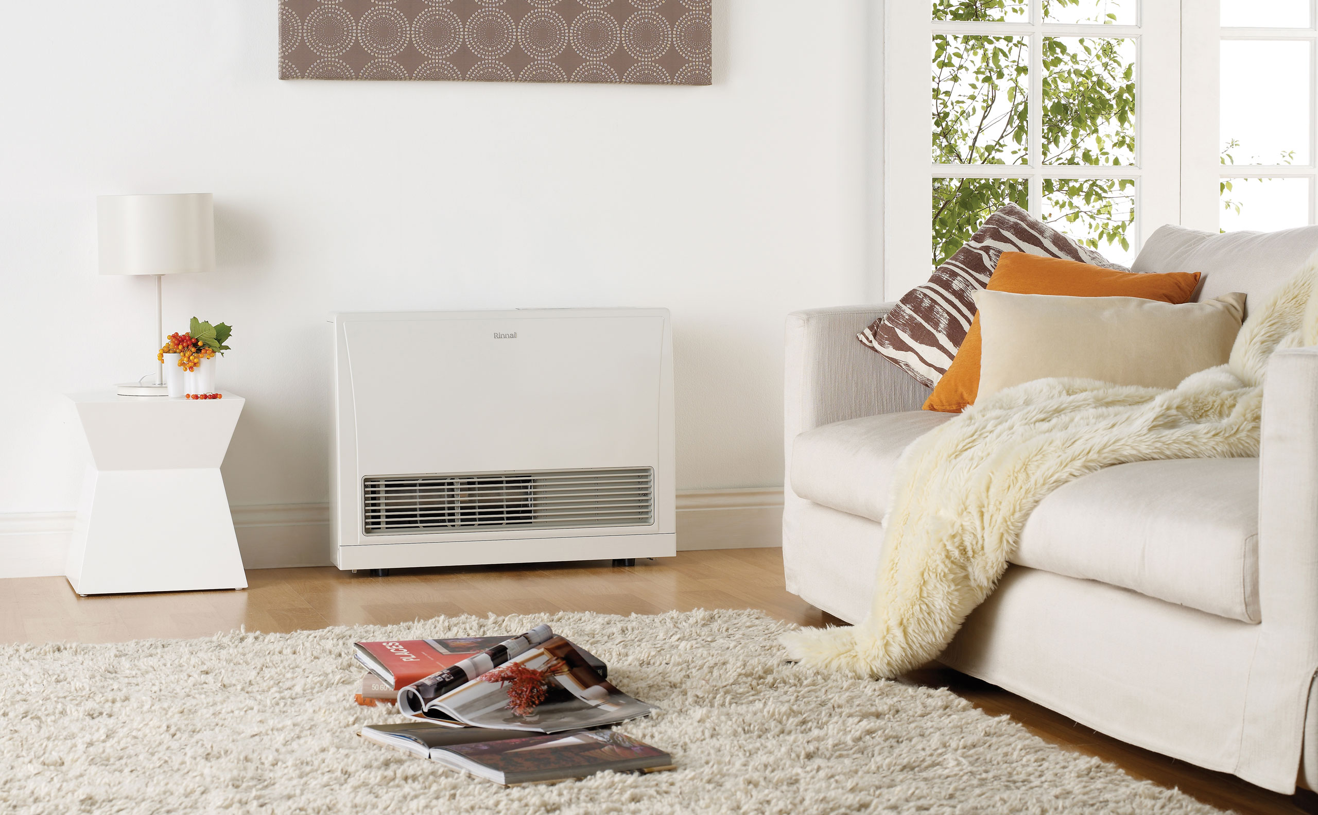 Rinnai Energysaver Gas Heater (lifestyle - living room couch)