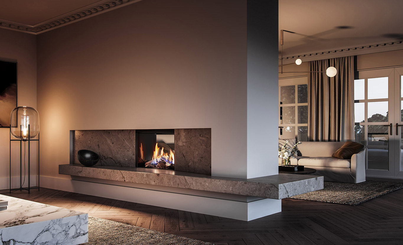 Rinnai LS 800F Gas Fireplace (lifestyle – double sided living room)