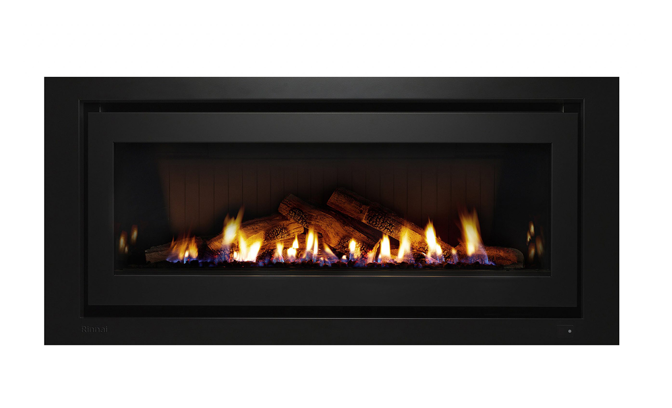 Rinnai 1250 Gas Fireplace (logs - black on black frame high embers)