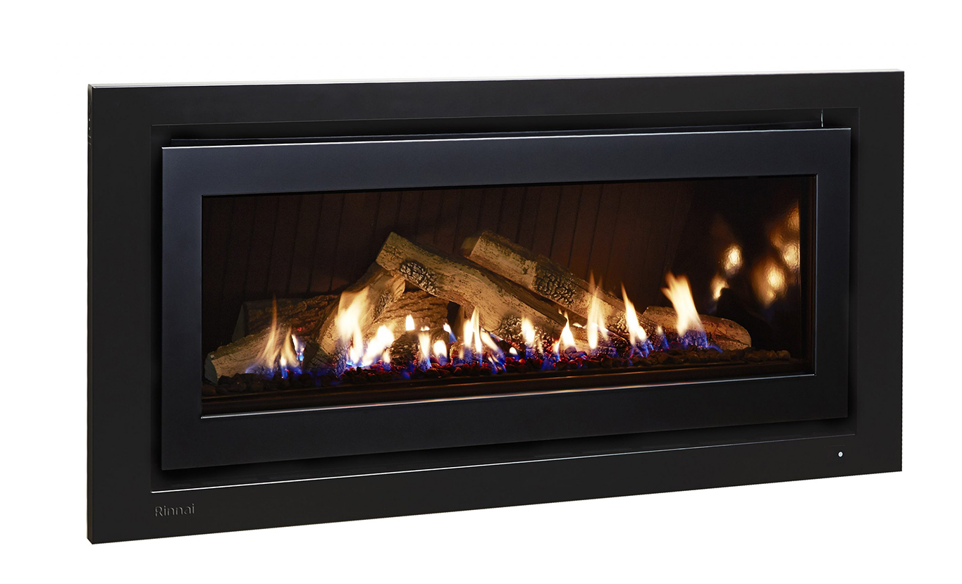 Rinnai 1250 Gas Fireplace (logs - black on black frame angle high embers)