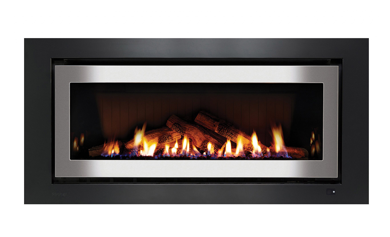 Rinnai 1250 Gas Fireplace (logs - steel on black frame high embers)
