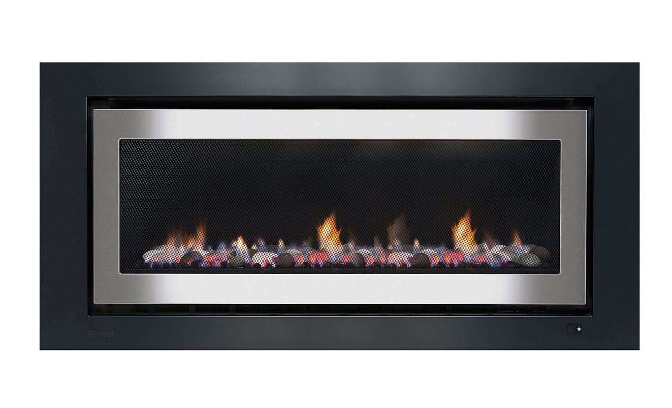 Rinnai 1250 Gas Fireplace (stones - steel on black frame safety mesh low embers)