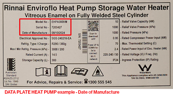 Rinnai product sticker for locating warranty information on newer models