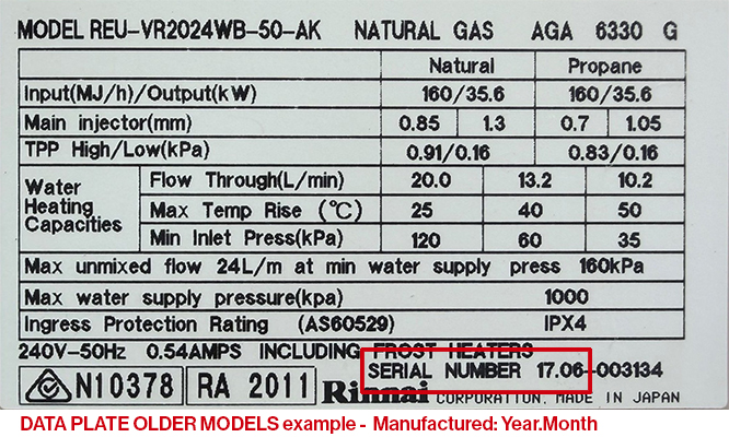 Rinnai older model product sticker for locating warranty information